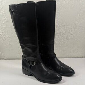 Ralph Lauren Margarite Knee High Boots Black Leather Buckle Riding Size 11B